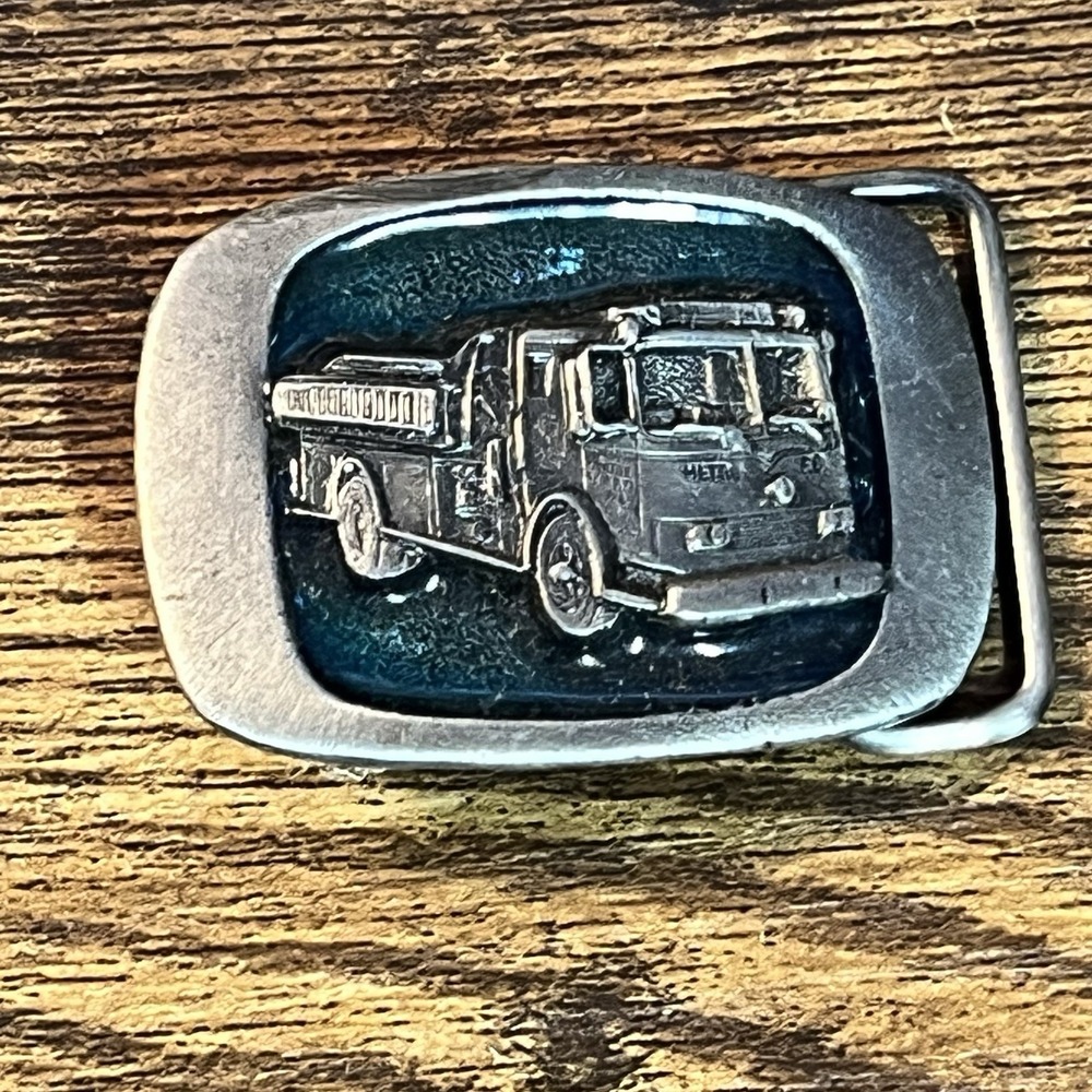 Vintage 1983 Fire Truck Pewter Belt Buckle MM Limited Chicago Enamel B20